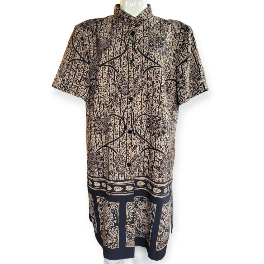 VTG Studio 1 Brown Black Floral Buttons Down Tunic Top / Dress Size 18